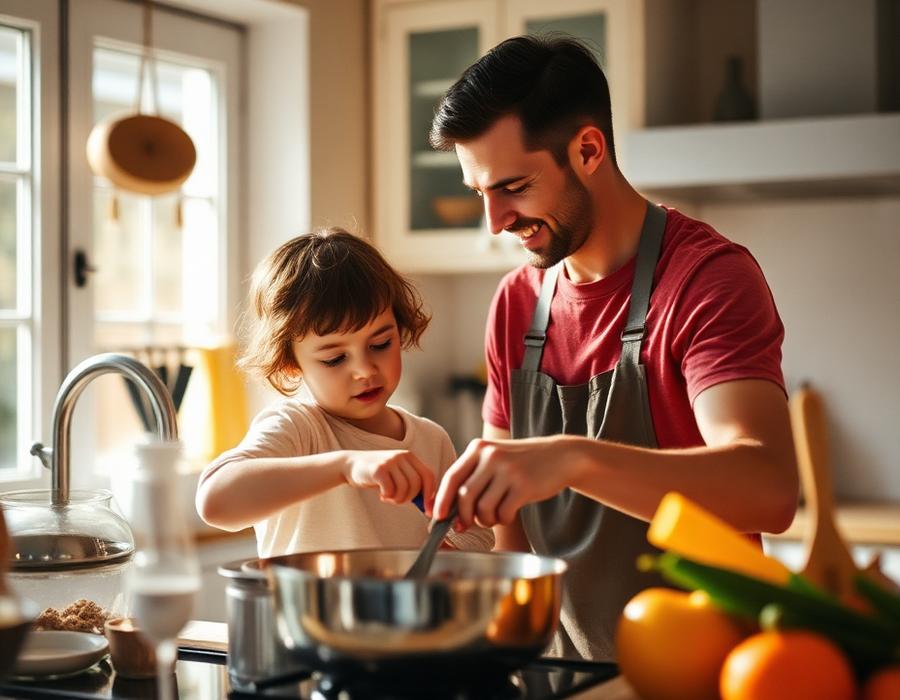 A parent and child cooking together in a sunlit kitchen.