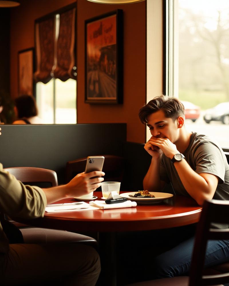 Two friends splitting the bill at a restaurant table using a phone.