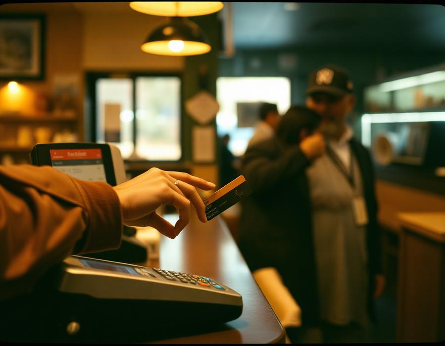 A customer paying with a card at a small restaurant counter.
